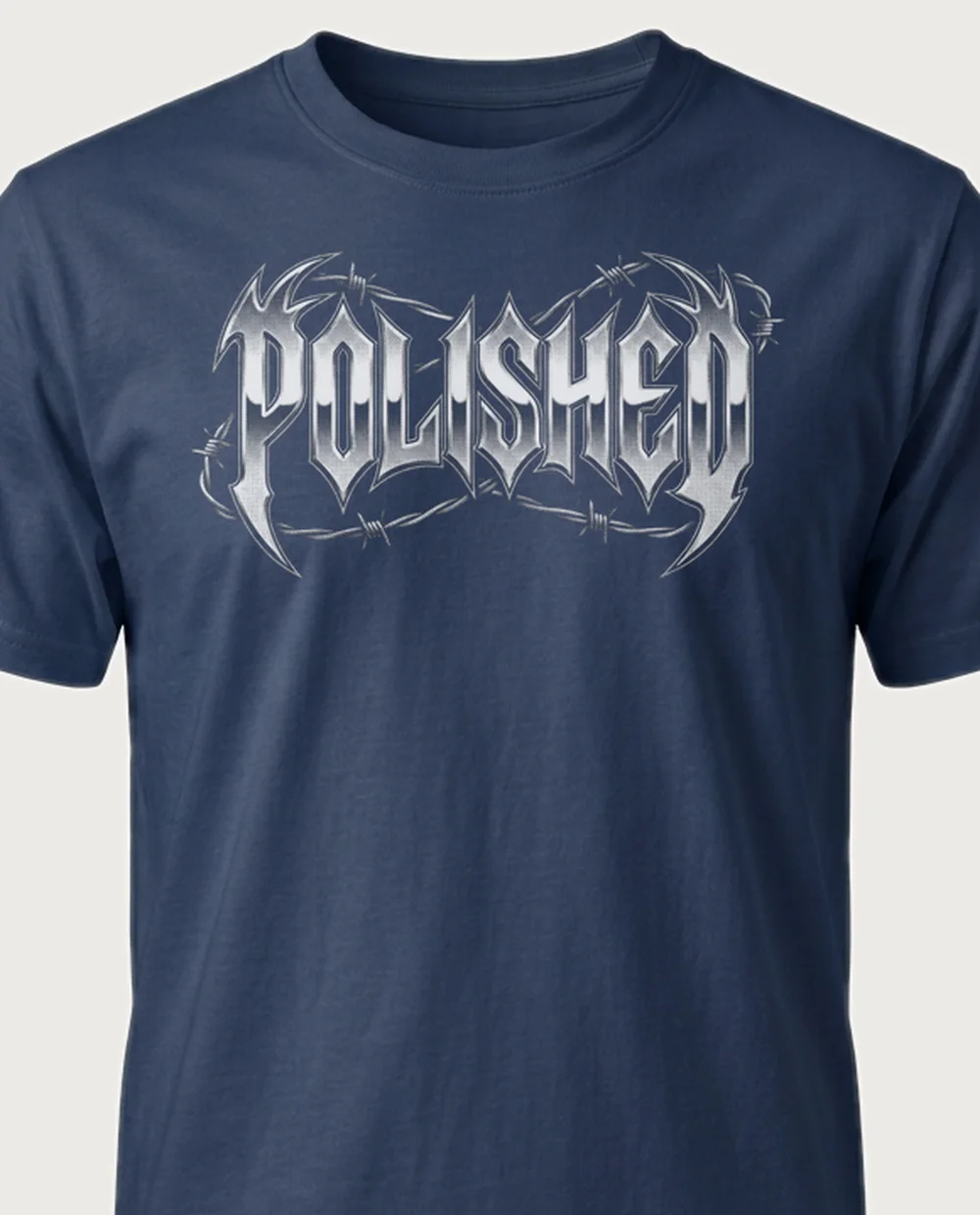 'POLISHED' — Halftone Chrome Metal on a navy tee