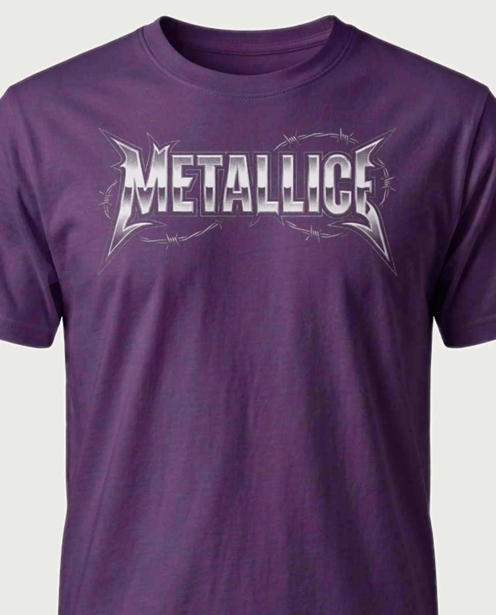 'METALLIC' — Halftone Chrome Metal on a purple tee