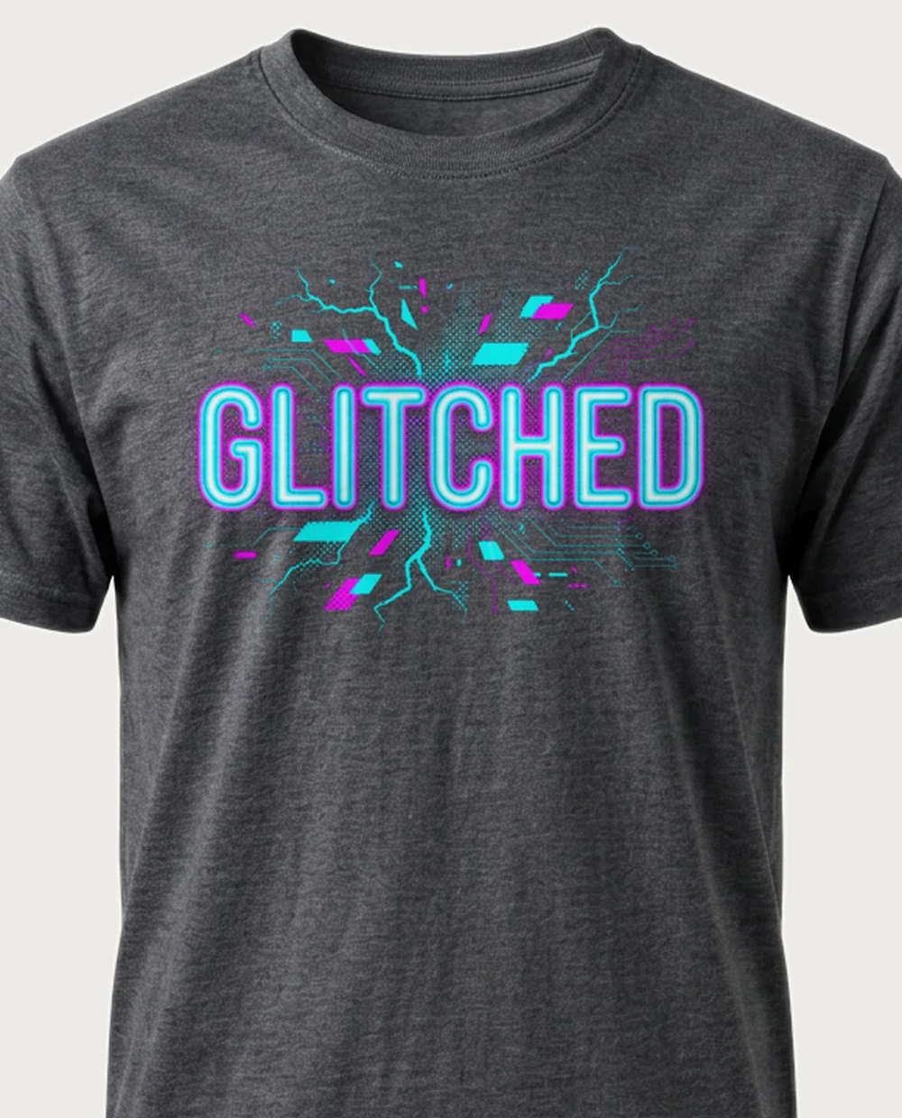 'GLITCHED' — Halftone Cyber Glitch on a dark heather tee
