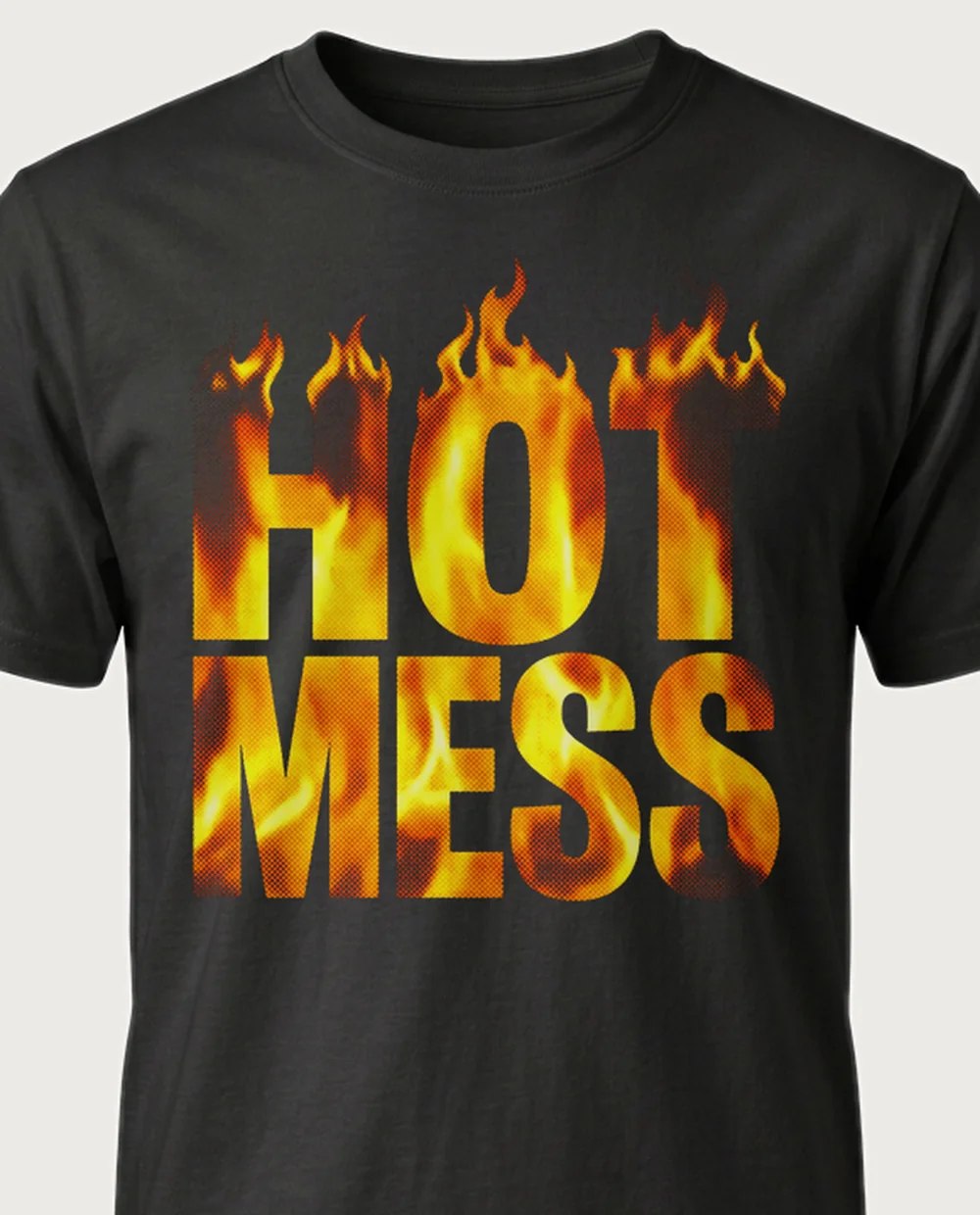 'HOT MESS' — Halftone Fire on a black tee