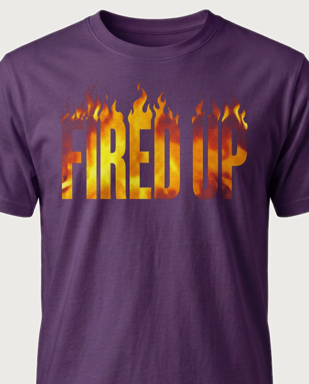'FIRED UP' — Halftone Fire on a purple tee