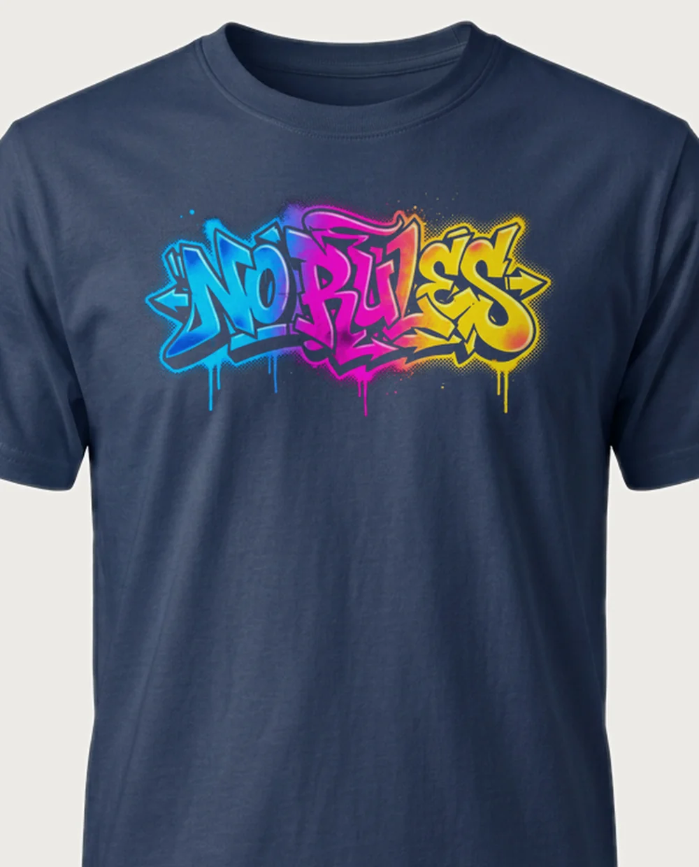 'NO RULES' — Halftone Graffiti on a navy tee