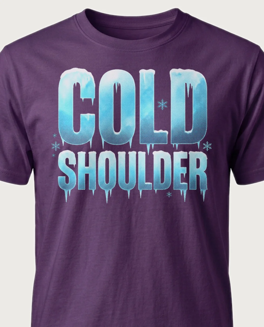 'COLD SHOULDER' — Halftone Ice on a purple tee