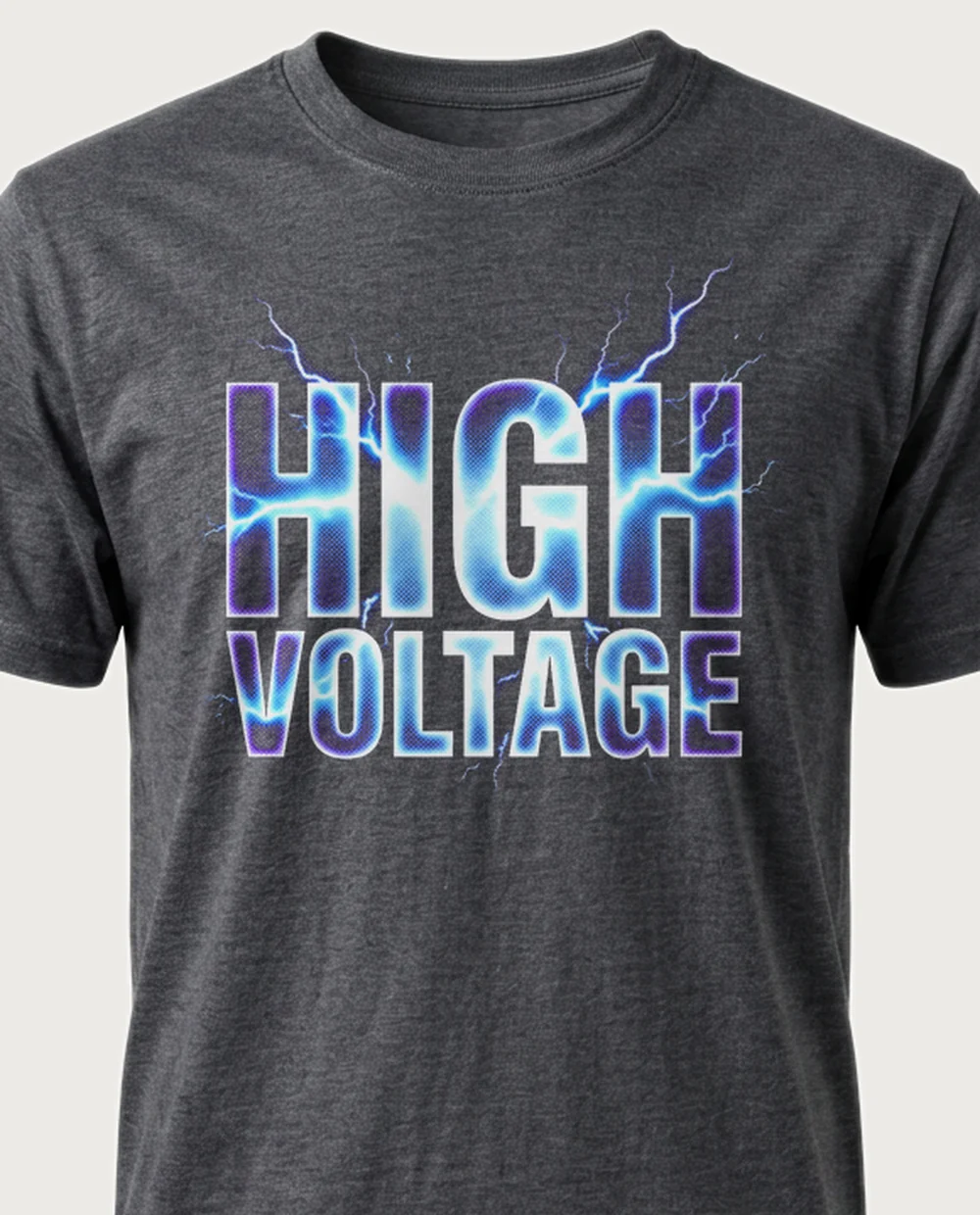 'HIGH VOLTAGE' — Halftone Lightning on a dark heather tee
