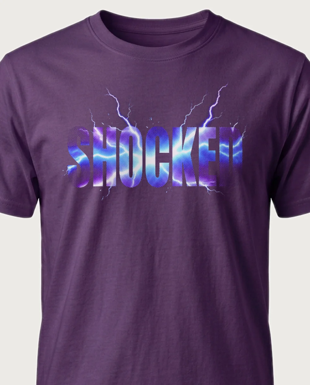 'SHOCKED' — Halftone Lightning on a purple tee