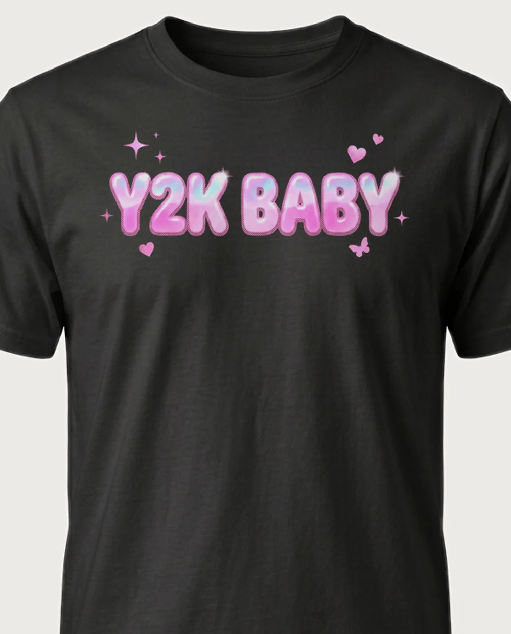 'Y2K BABY' — Halftone Pink Y2K on a black tee