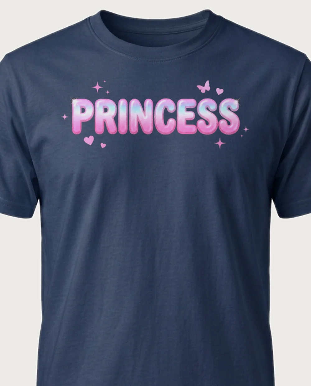 'PRINCESS' — Halftone Pink Y2K on a navy tee