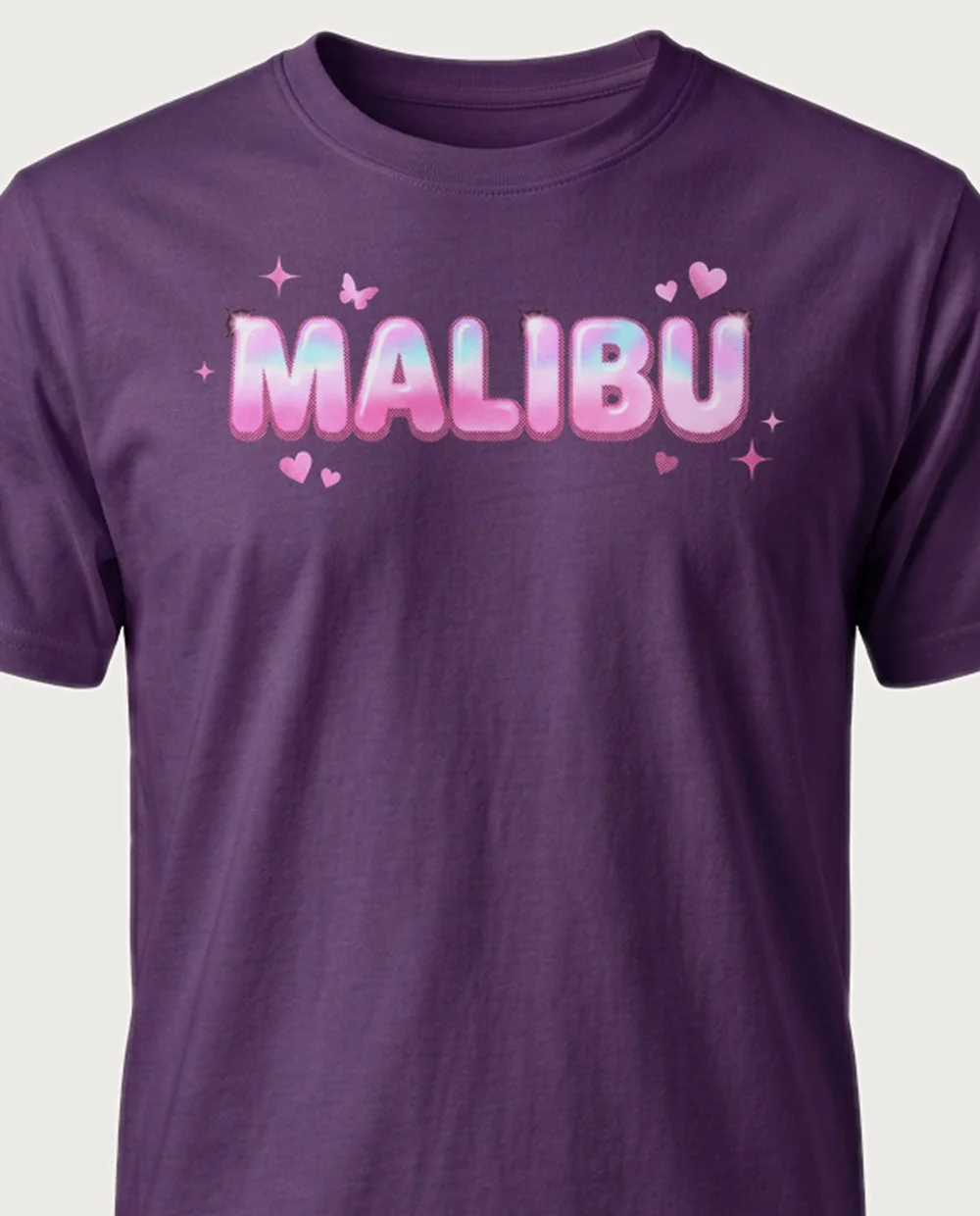 'MALIBU' — Halftone Pink Y2K on a purple tee