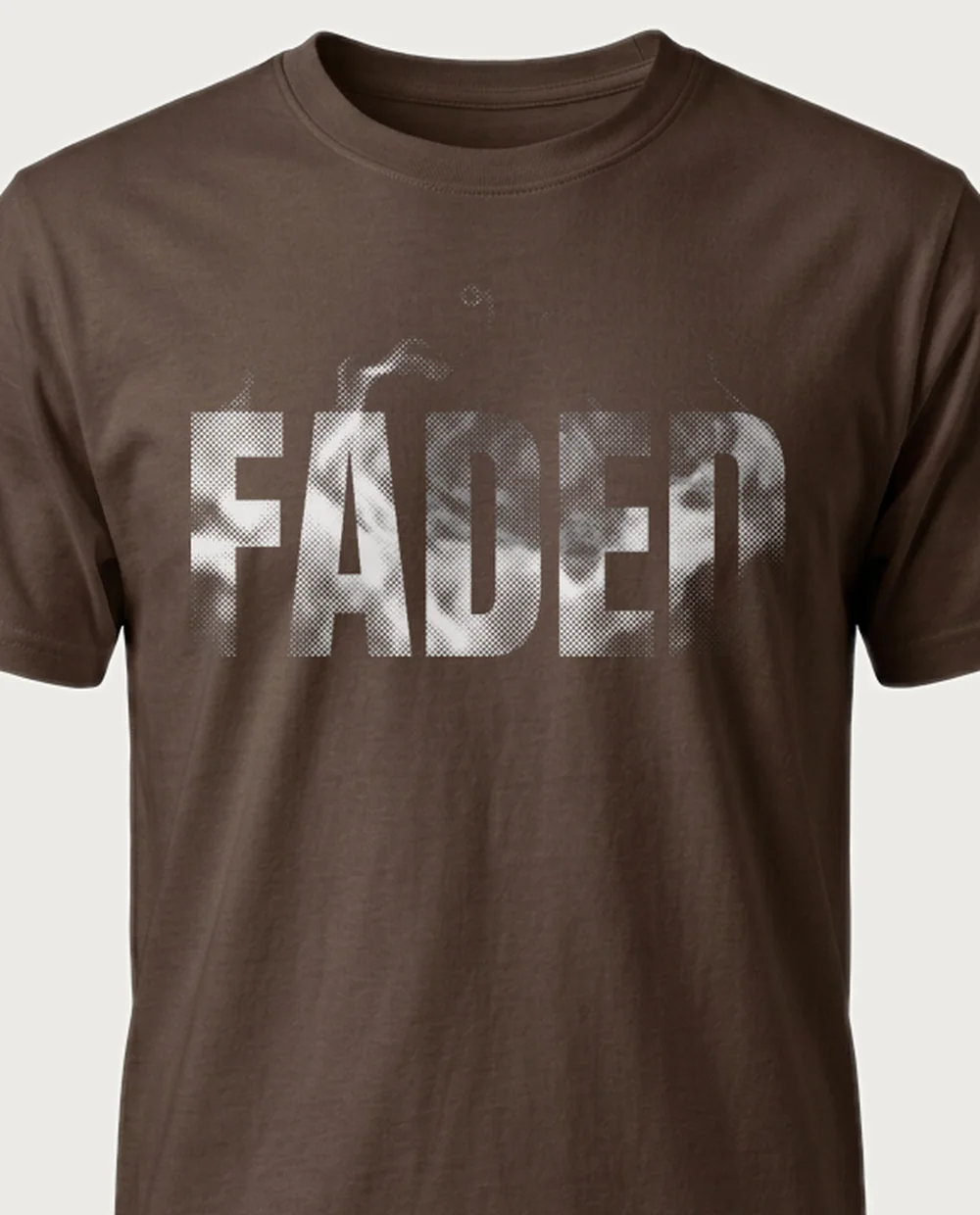 'FADED' — Halftone Smoke on a chocolate tee