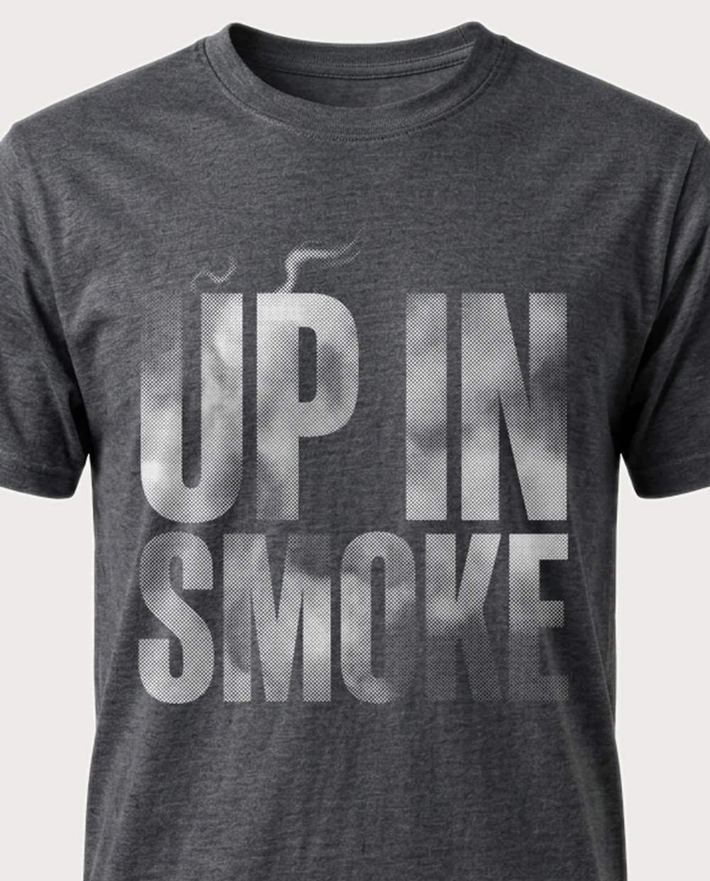 'UP IN SMOKE' — Halftone Smoke on a dark heather tee