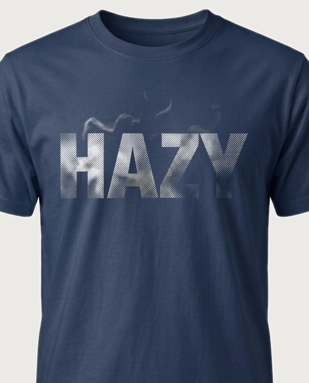 'HAZY' — Halftone Smoke on a navy tee
