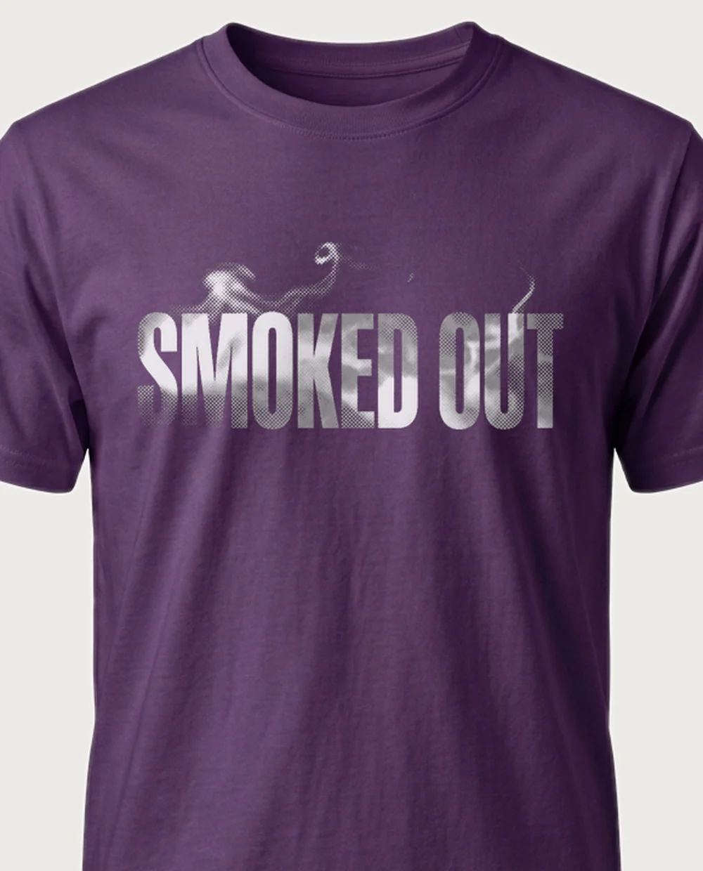 'SMOKED OUT' — Halftone Smoke on a purple tee