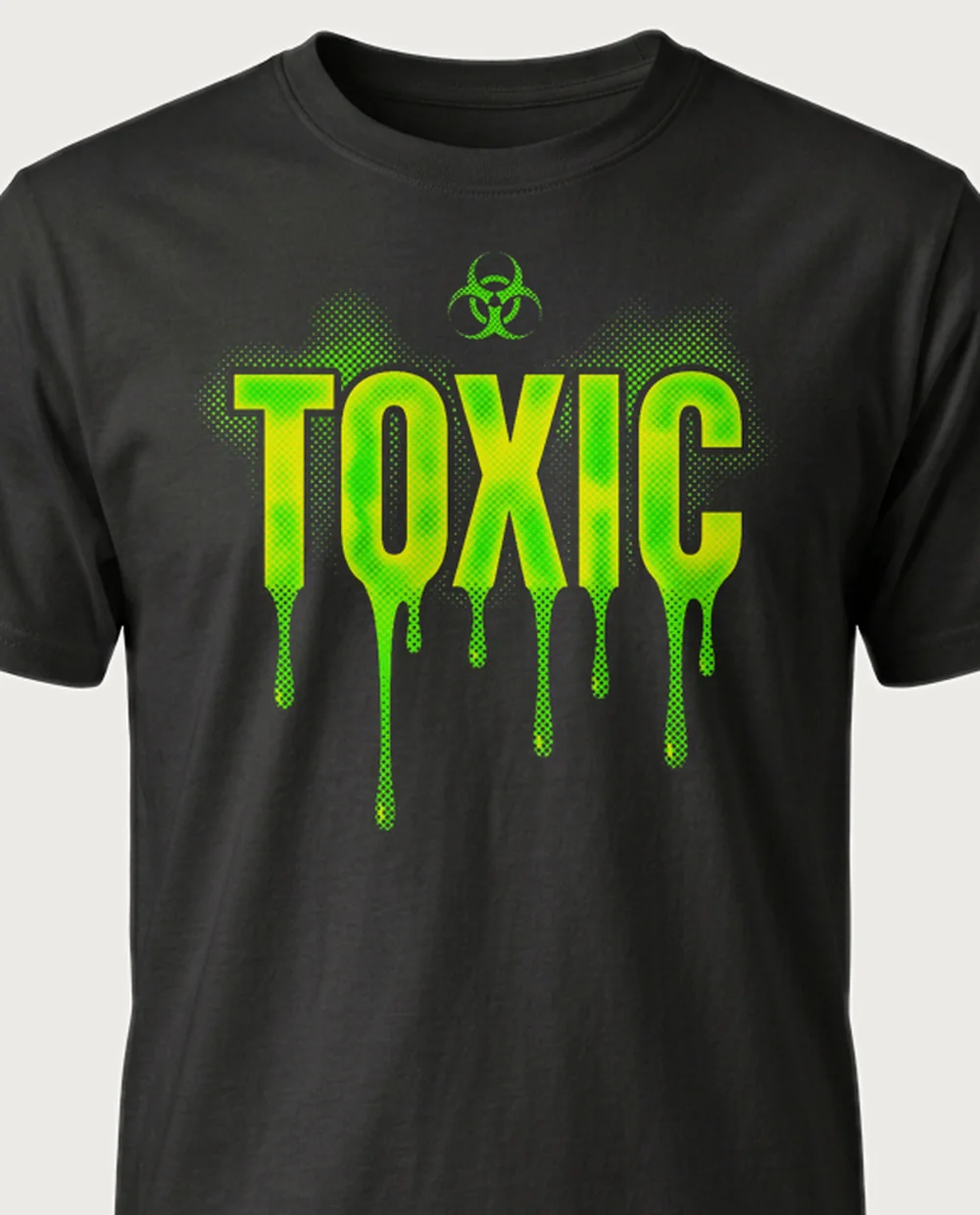 'TOXIC' — Halftone Toxic on a black tee