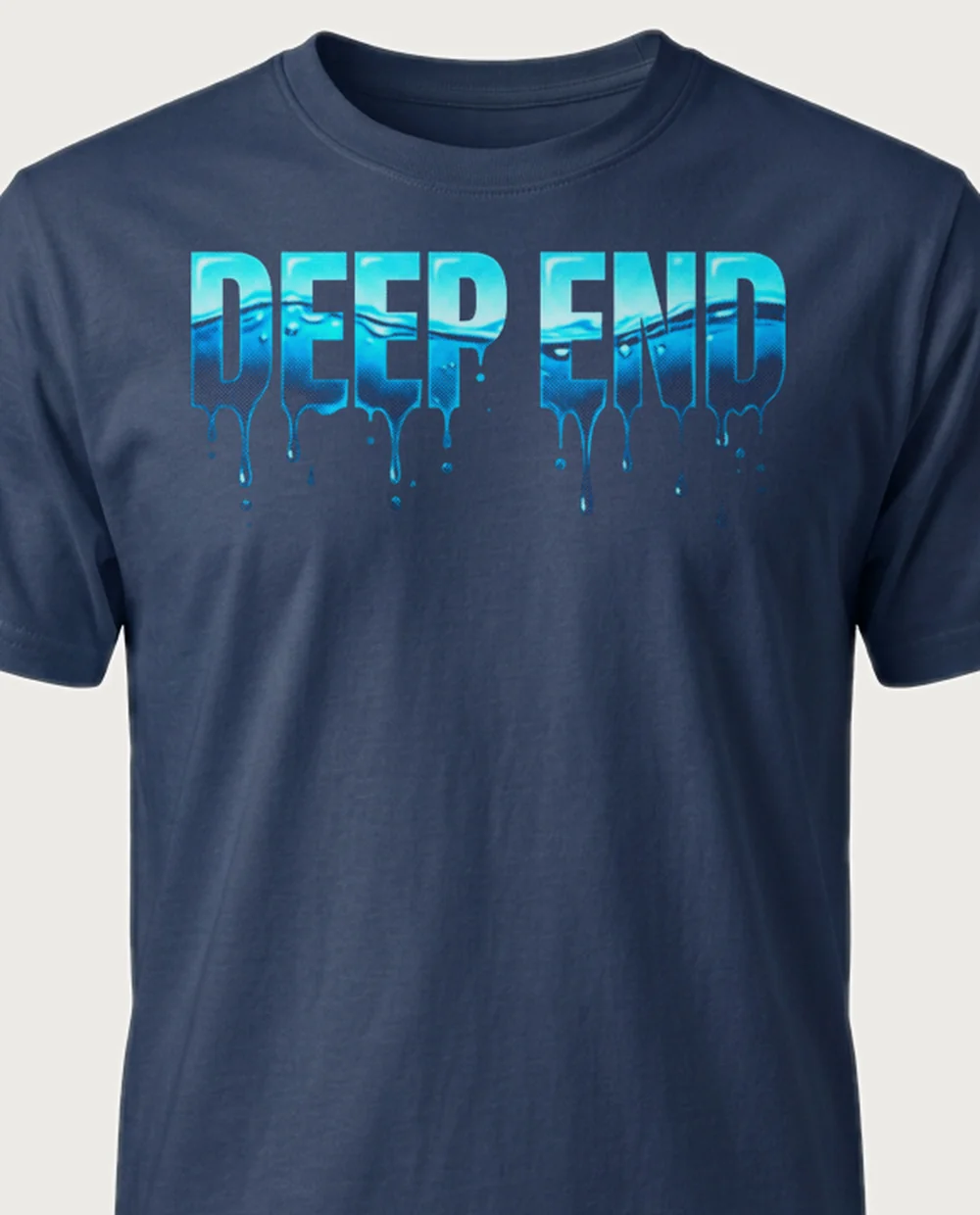 'DEEP END' — Halftone Water on a navy tee