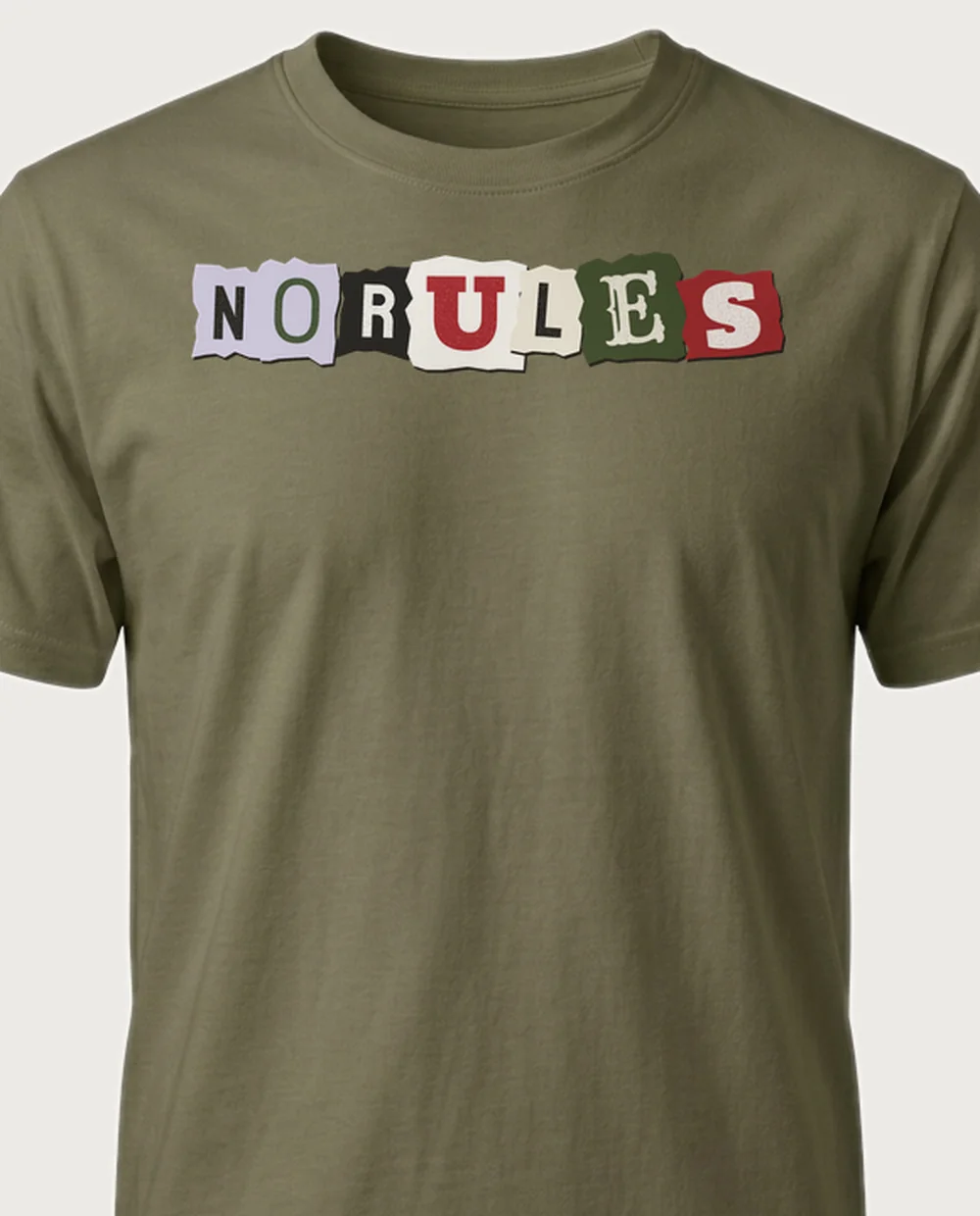 'NO RULES' — Ransom Note on a military green tee
