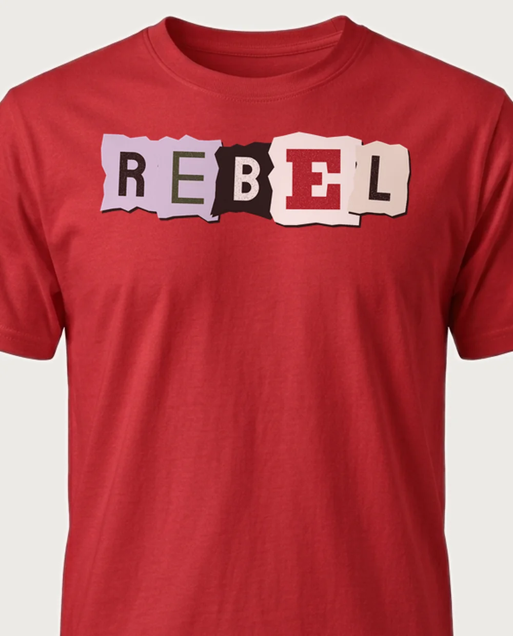 'REBEL' — Ransom Note on a red tee