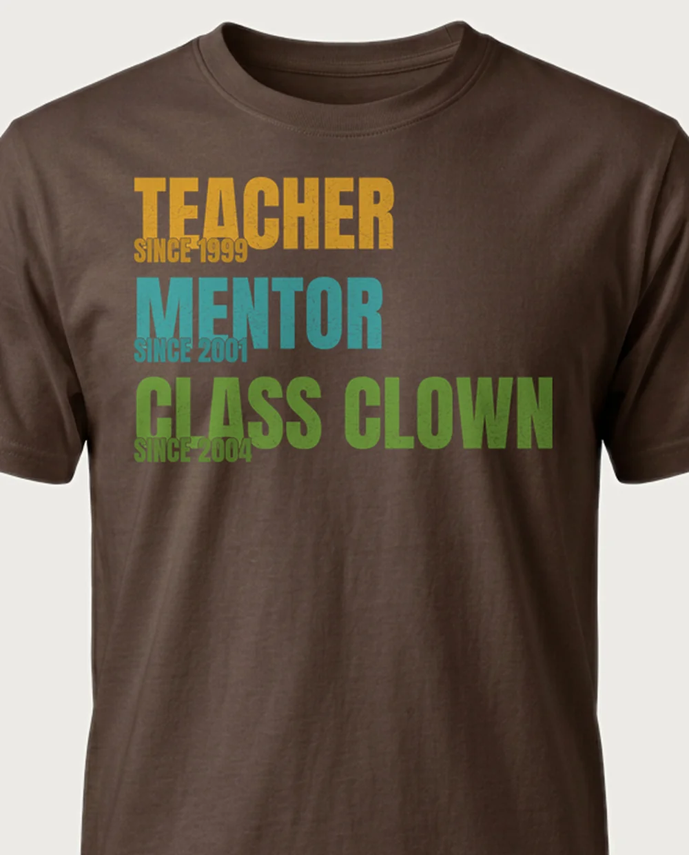 TEACHER · MENTOR · CLASS CLOWN — Retro Roles on a chocolate tee