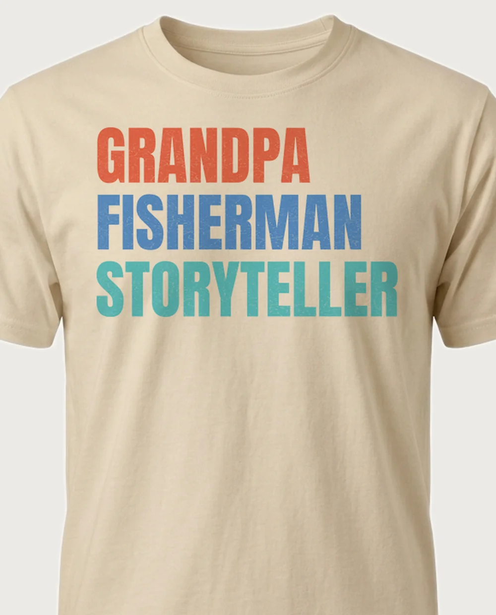 GRANDPA · FISHERMAN · STORYTELLER — Retro Roles on a sand tee