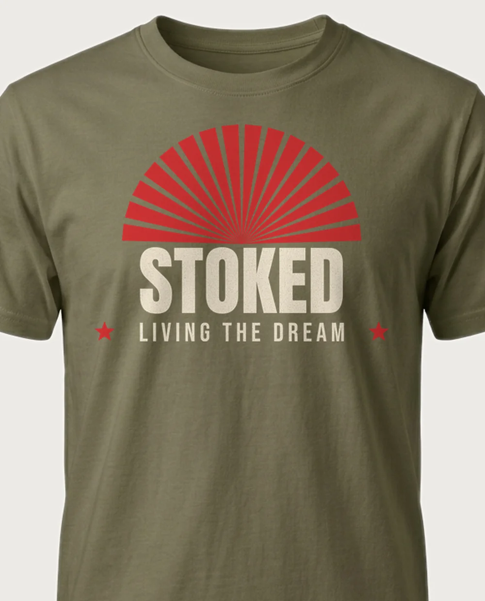 STOKED — Sunburst Headliner on a military green tee