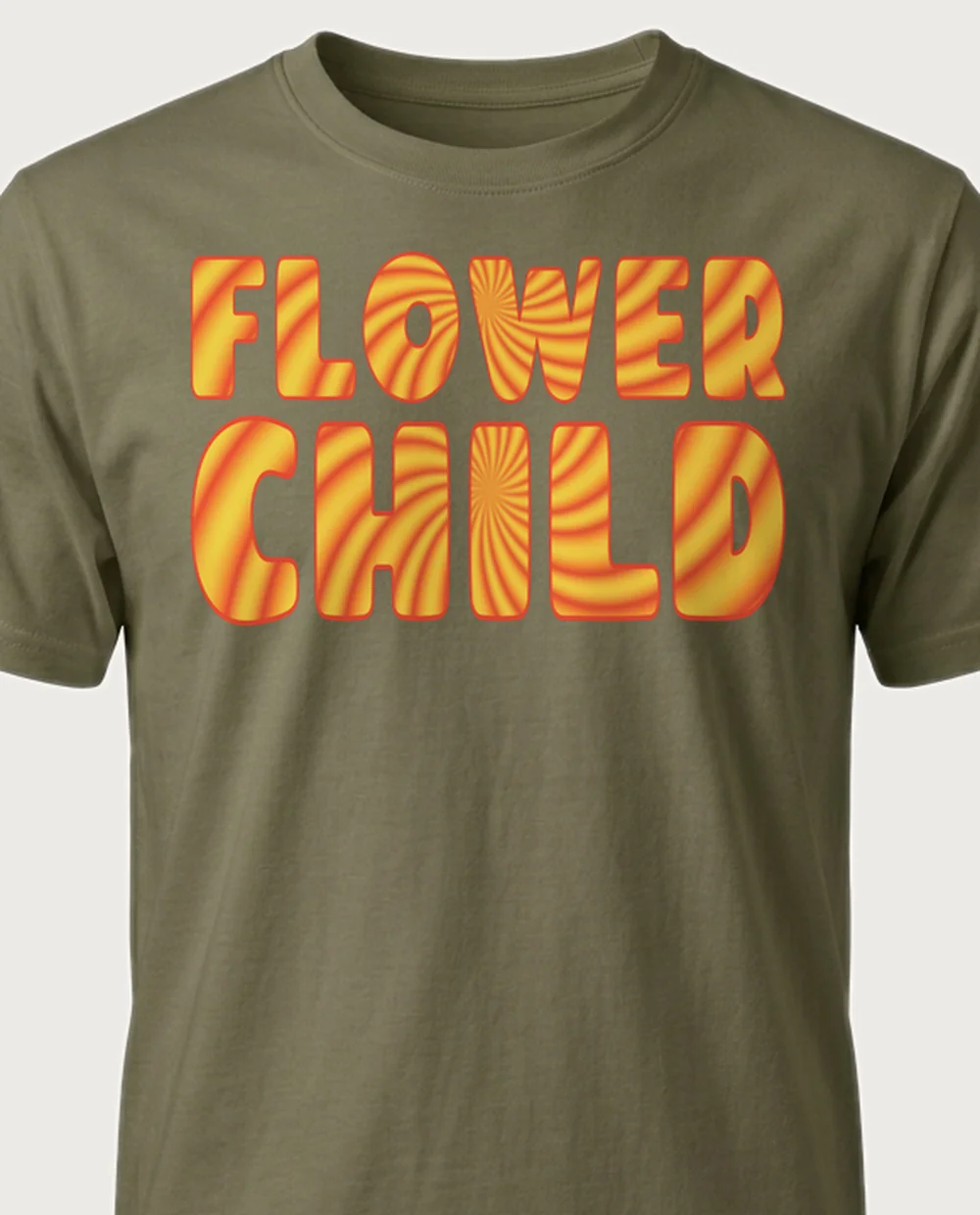 'FLOWER CHILD' — Tie-Dye Fill on a military green tee