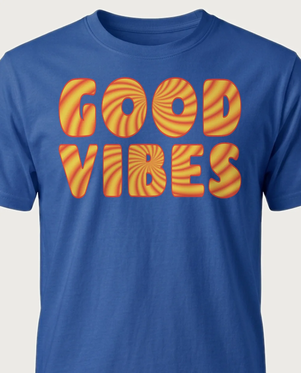 'GOOD VIBES' — Tie-Dye Fill on a royal blue tee