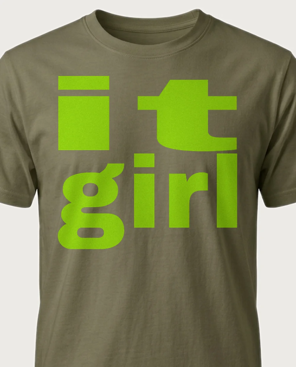 'IT GIRL' — Warped Brat on a military green tee