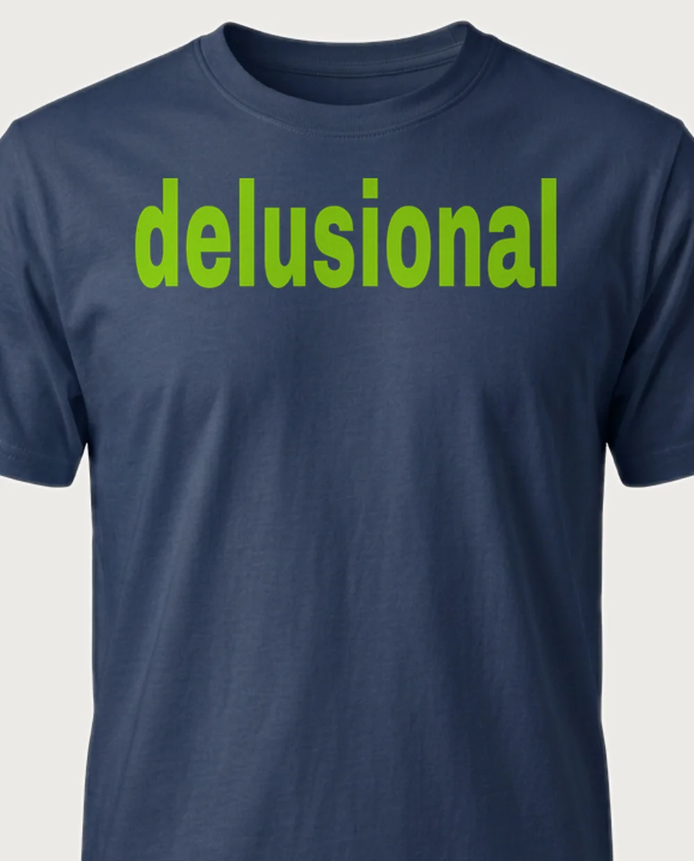 'DELUSIONAL' — Warped Brat on a navy tee