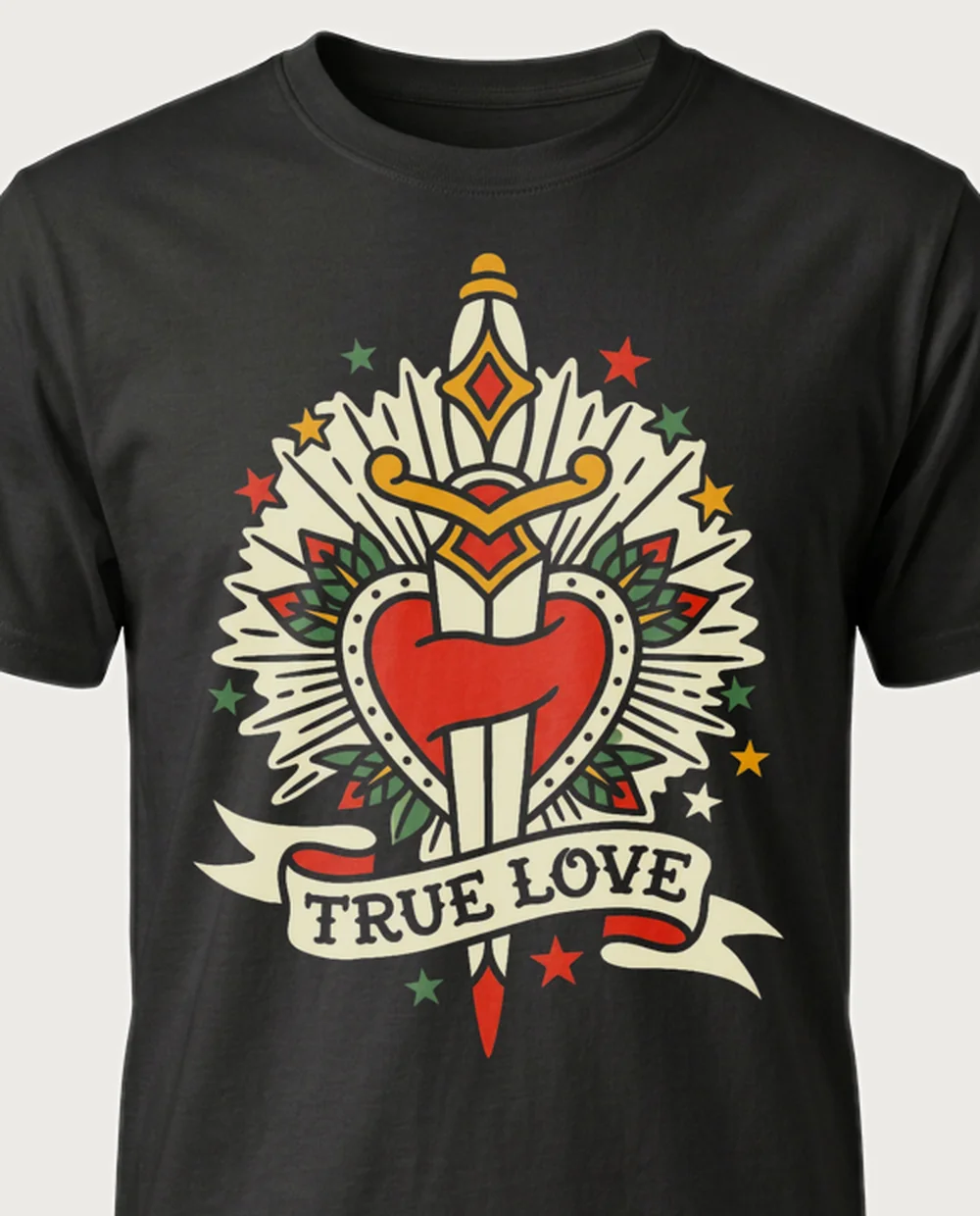 TRUE LOVE dagger & heart — Tattoo Flash on a black tee