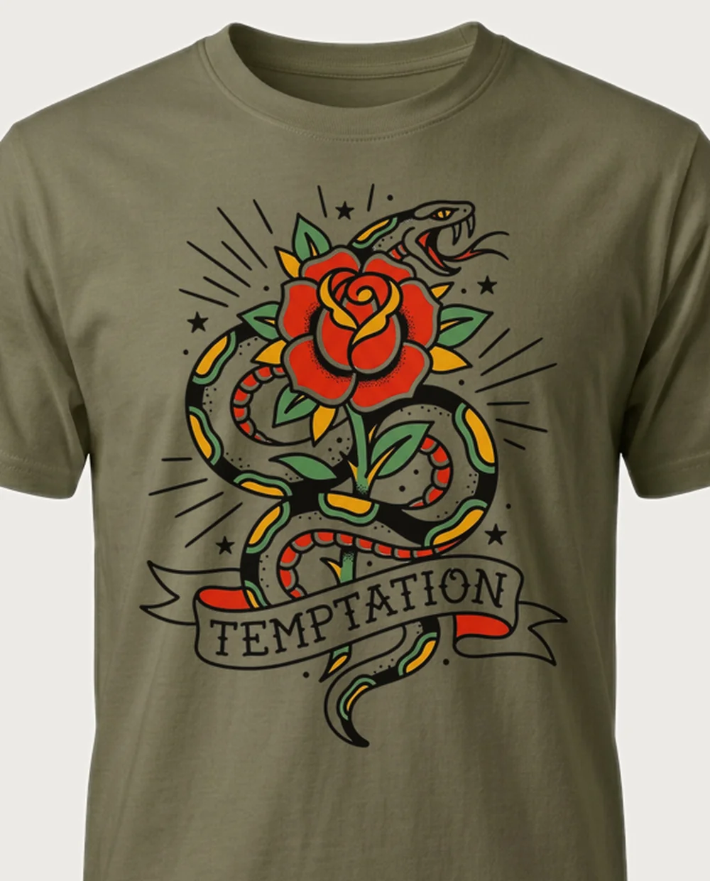 TEMPTATION snake & rose — Tattoo Flash on a military-green tee