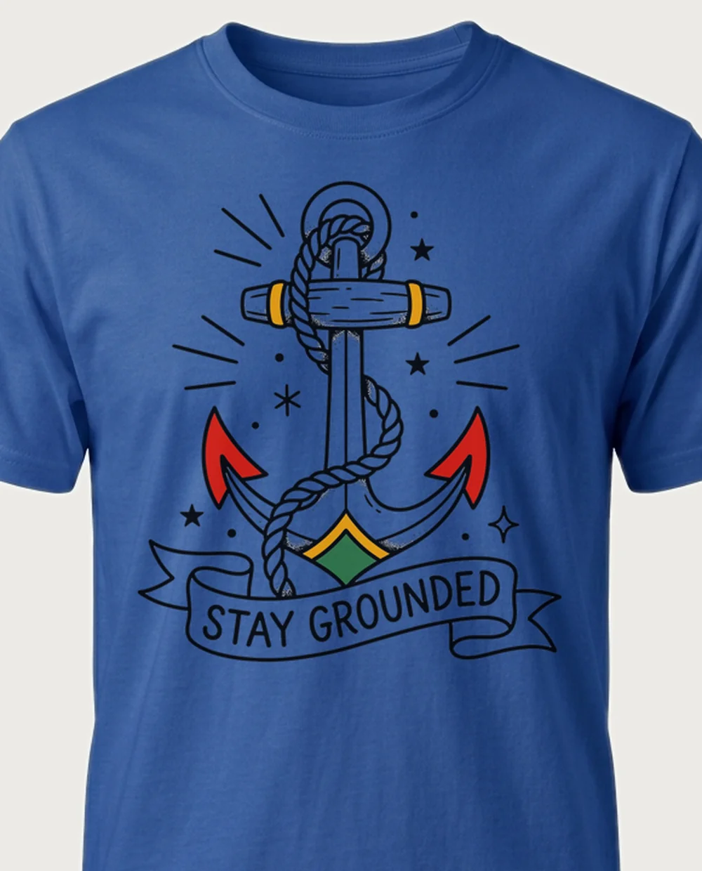 STAY GROUNDED anchor — Tattoo Flash on a royal blue tee