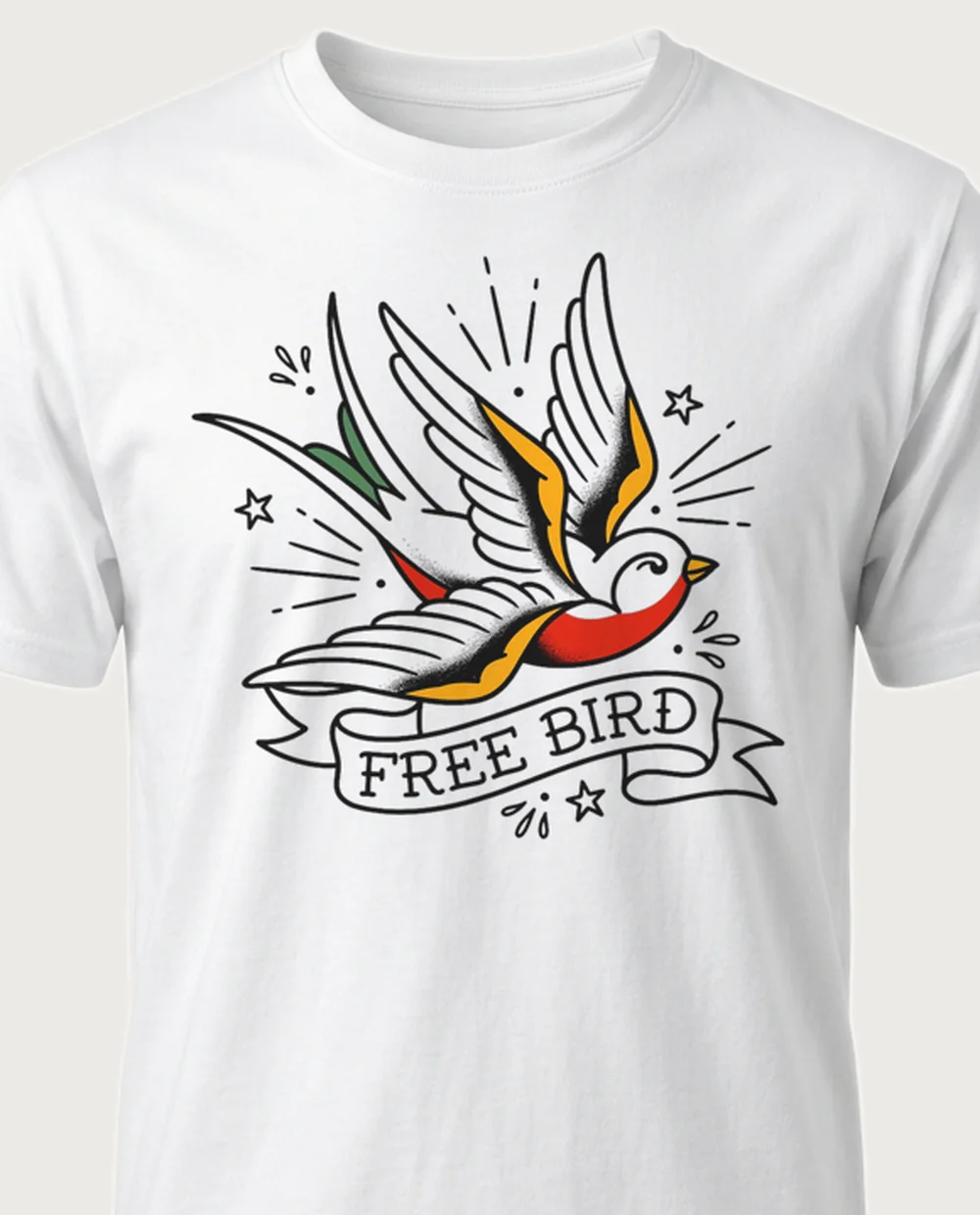FREE BIRD swallow — Tattoo Flash on a white tee