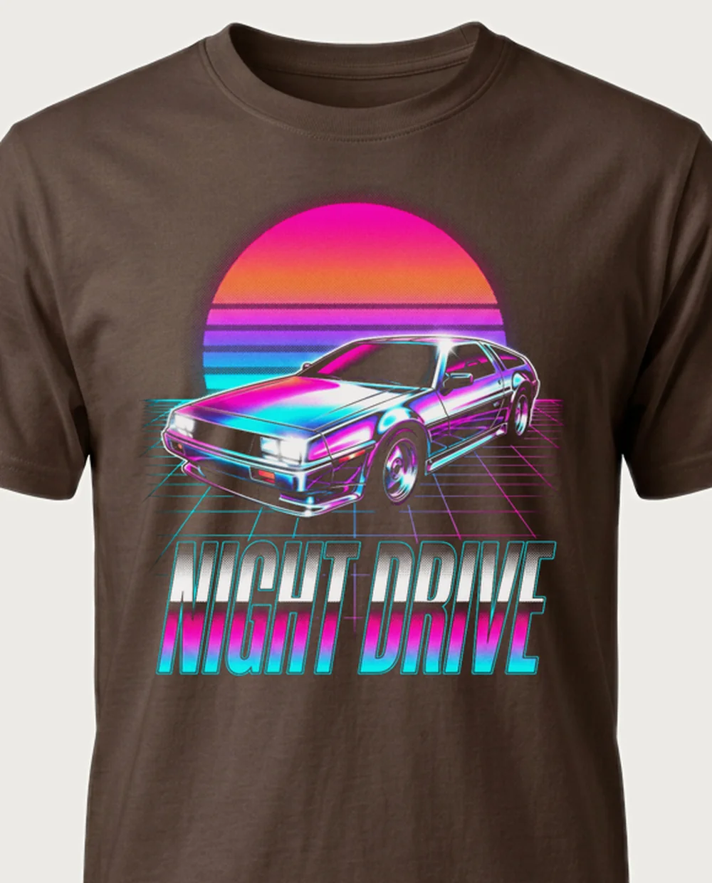 NIGHT DRIVE car — Vaporwave on a chocolate tee