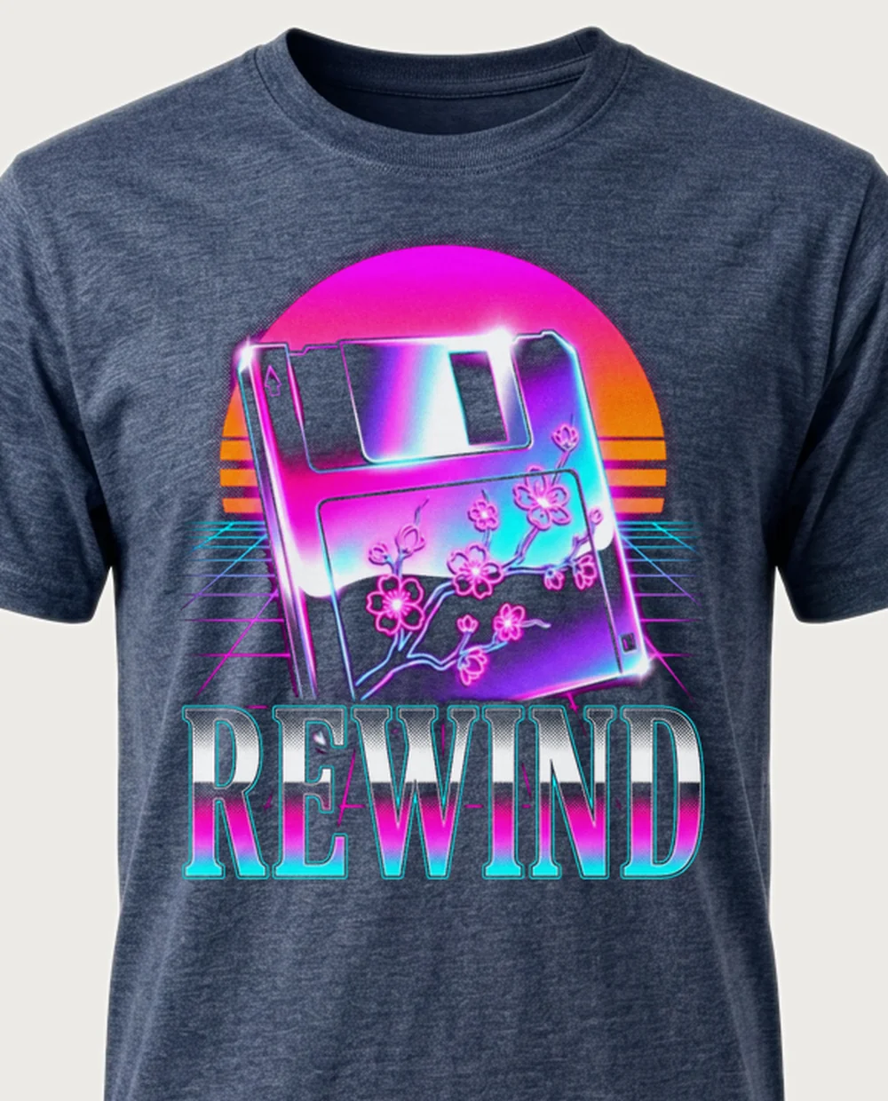 REWIND floppy disk — Vaporwave on a heather navy tee