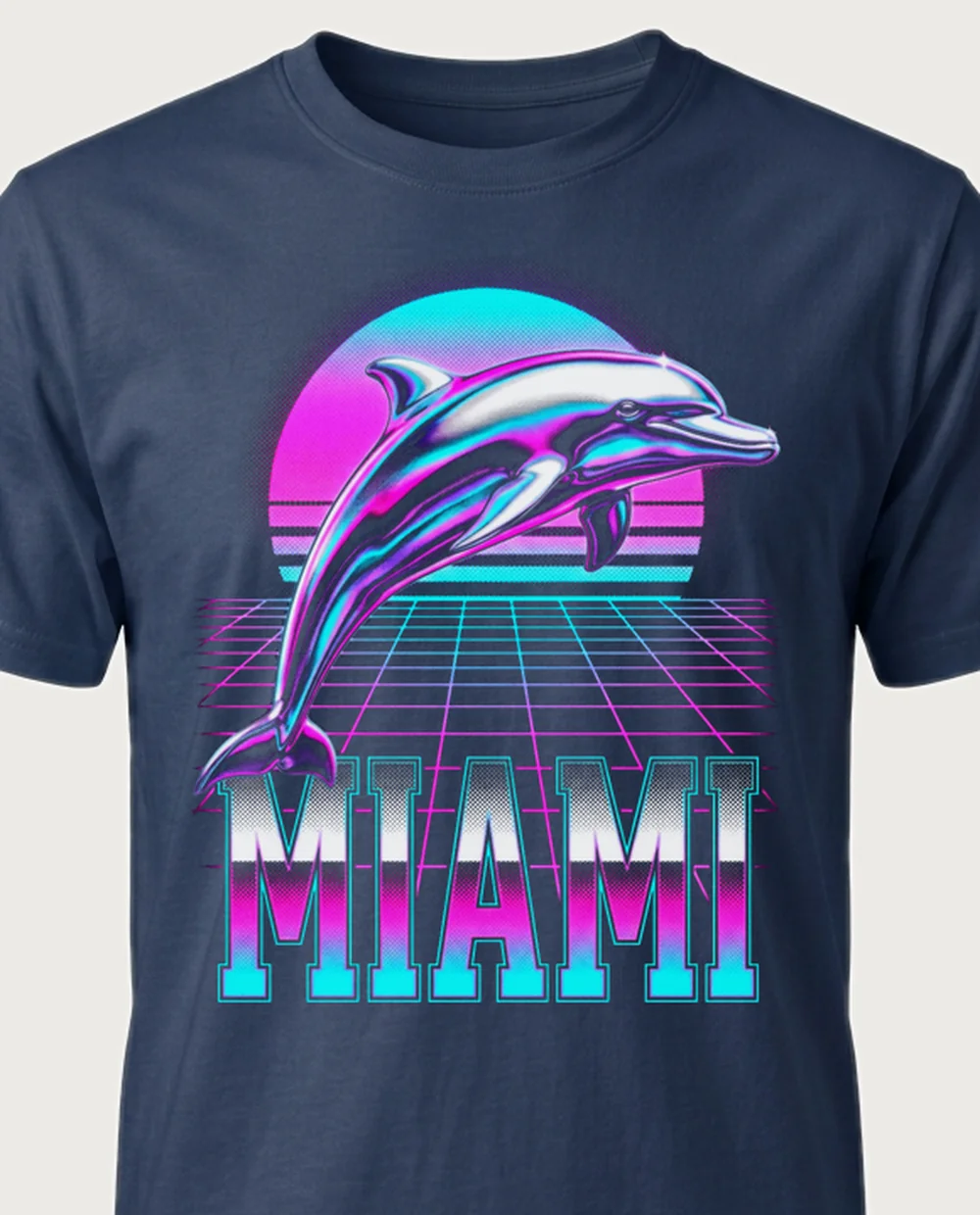 MIAMI dolphin — Vaporwave on a navy tee