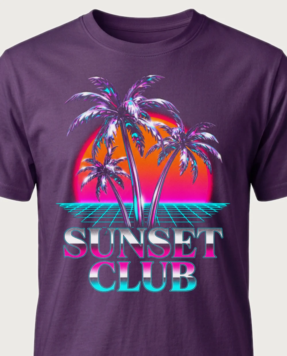 SUNSET CLUB palms — Vaporwave on a purple tee
