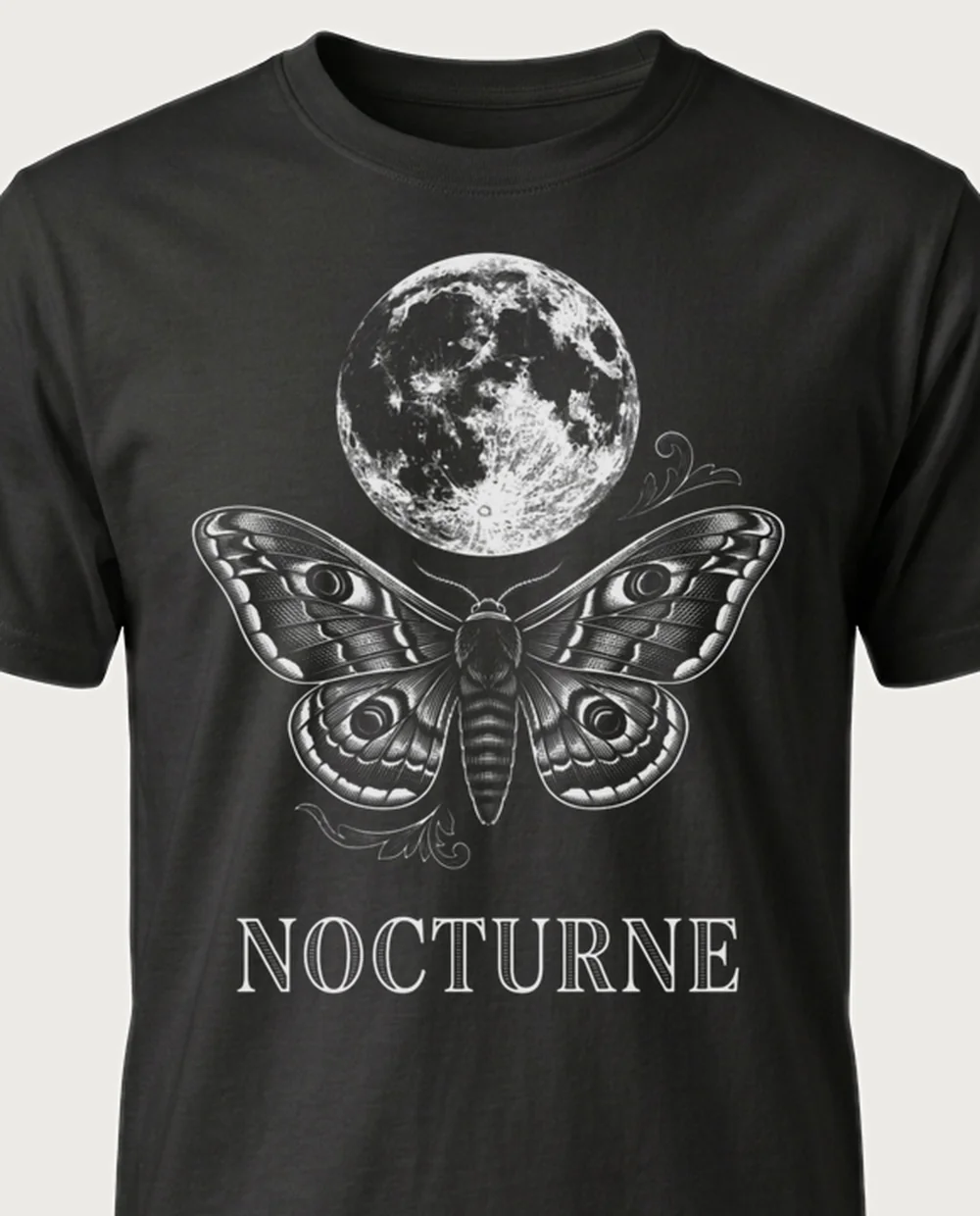 NOCTURNE moth — Vintage Engraving on a black tee