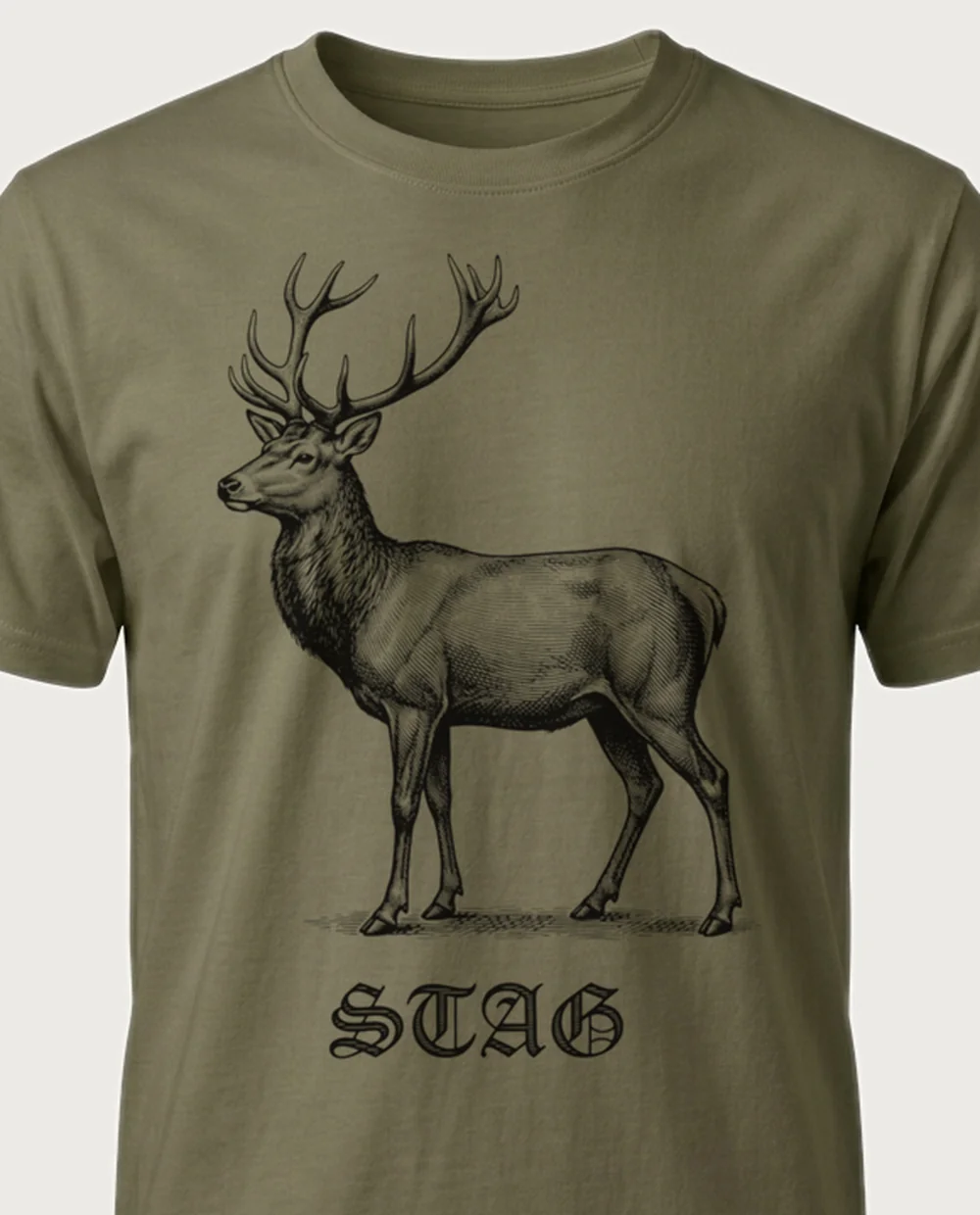 STAG stag — Vintage Engraving on a military-green tee