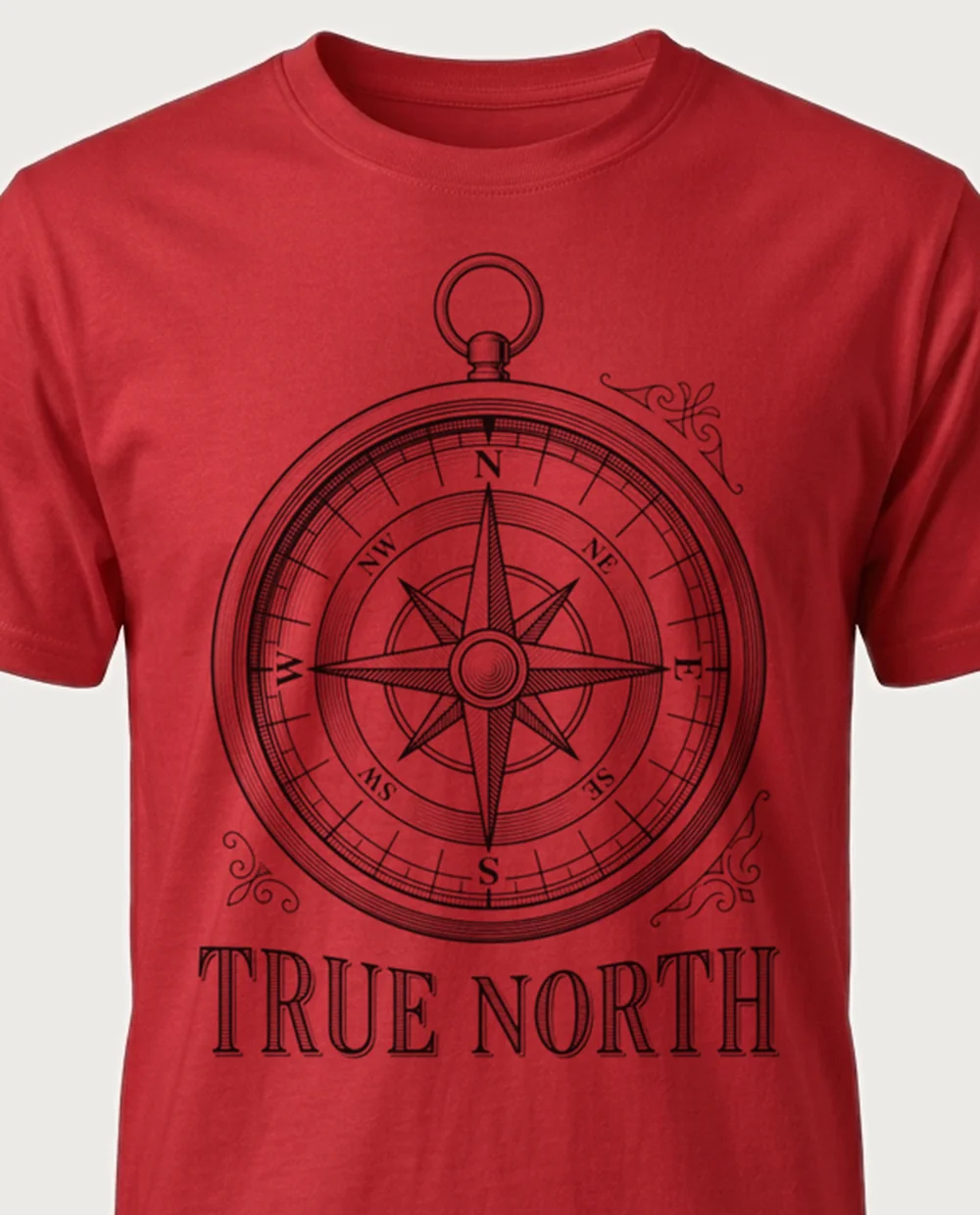 TRUE NORTH compass — Vintage Engraving on a red tee