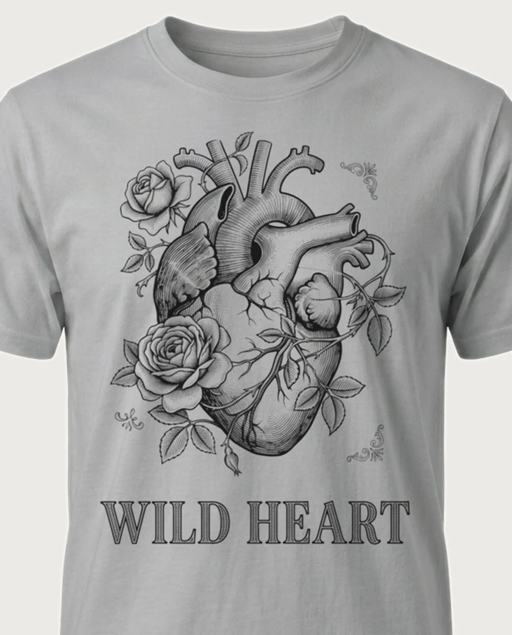 WILD HEART heart — Vintage Engraving on a sport grey tee