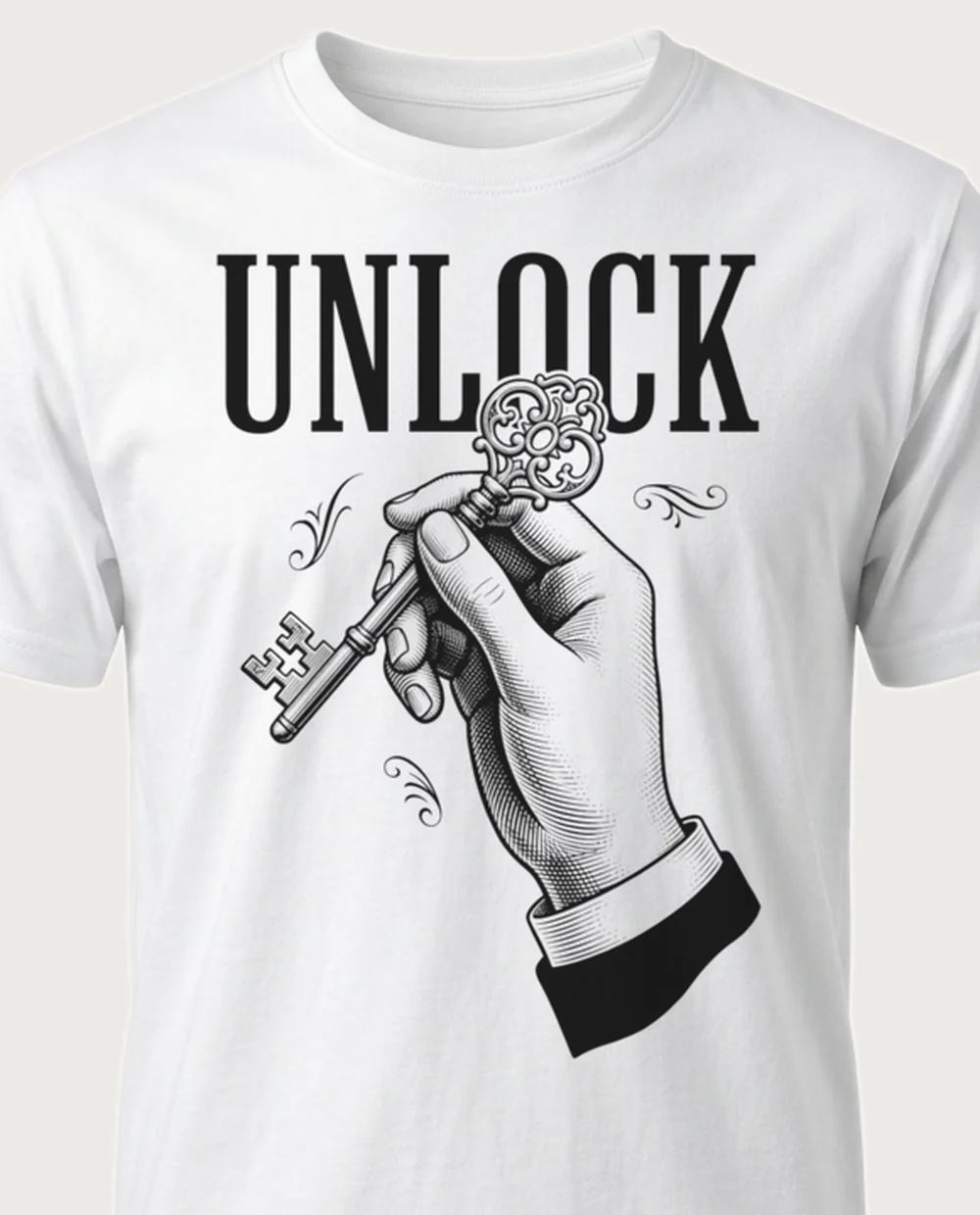 UNLOCK key — Vintage Engraving on a white tee