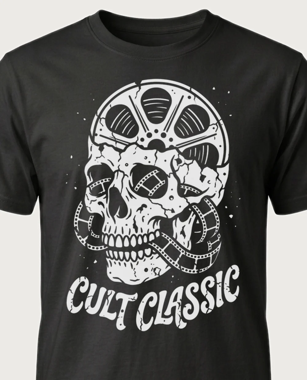 CULT CLASSIC skull reel — Vintage Grunge on a black tee