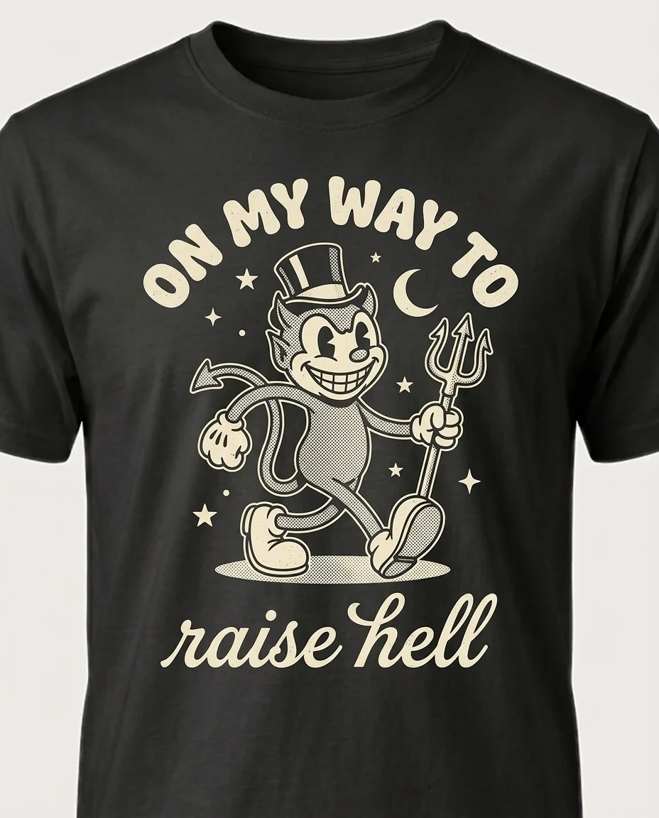 A cream rubber-hose devil-cat walking with a trident, "ON MY WAY TO raise hell", on a black tee