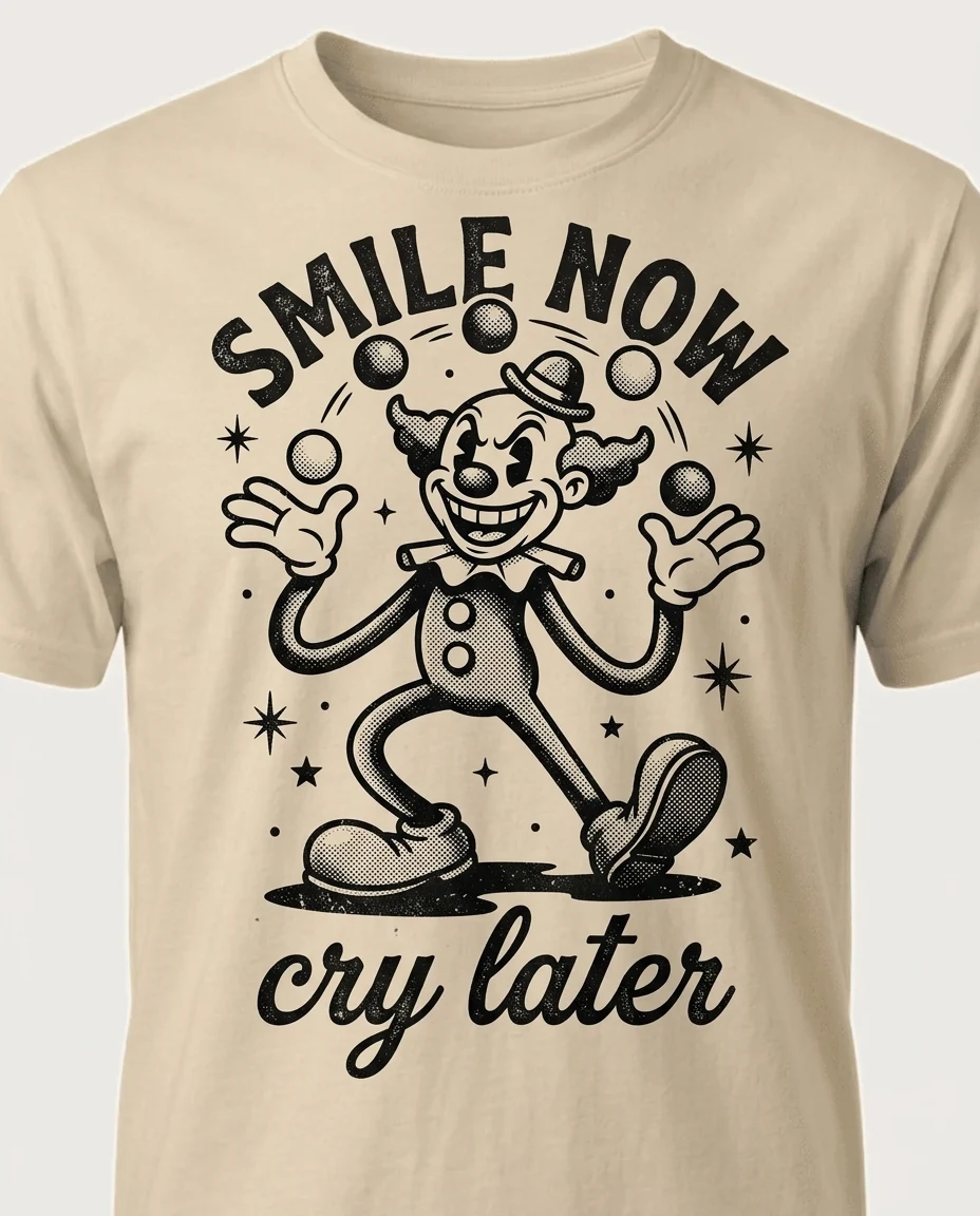 A black rubber-hose clown juggling, "SMILE NOW cry later", on a sand tee