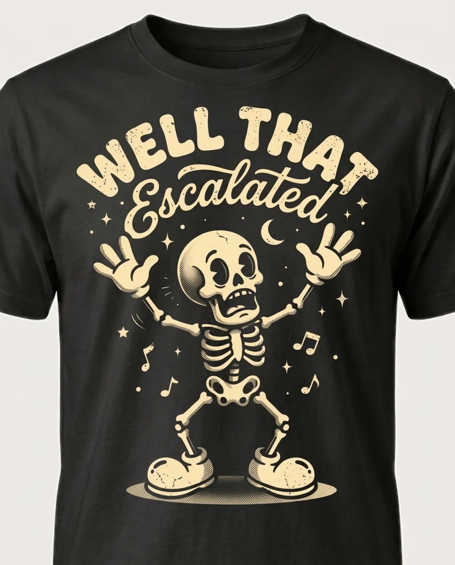 A cream rubber-hose skeleton with arms thrown up, "WELL THAT escalated", on a charcoal tee