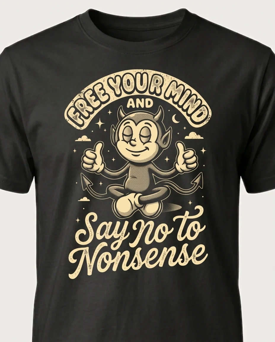 A cream rubber-hose devil meditating cross-legged, "FREE YOUR MIND — say no to nonsense", on a black tee