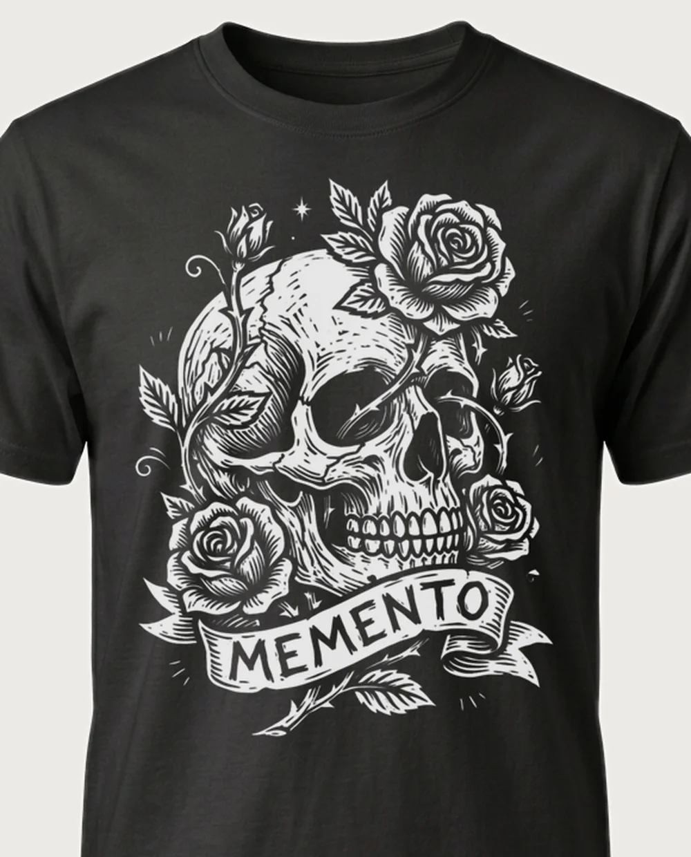 MEMENTO skull & roses — Woodcut on a black tee