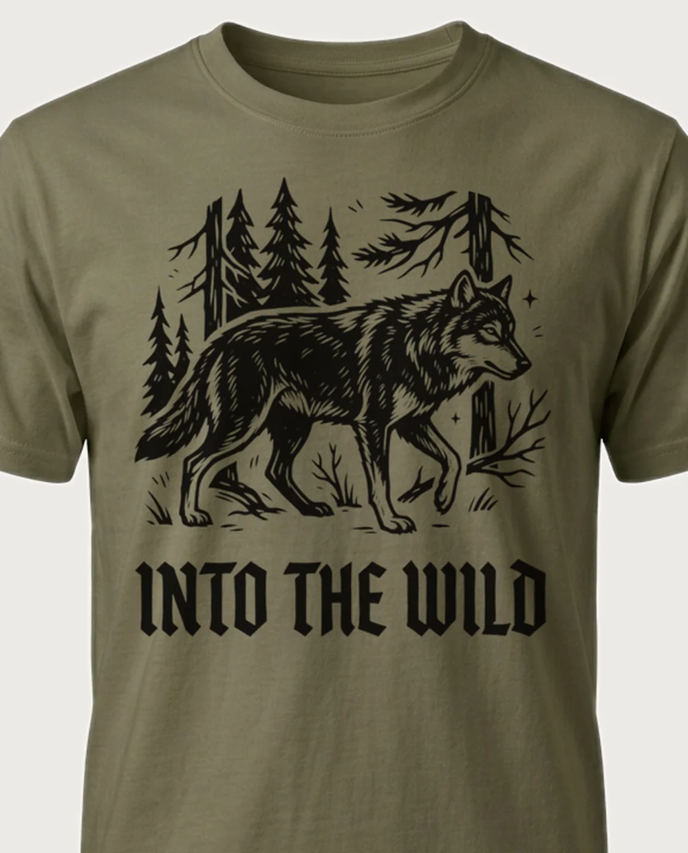 INTO THE WILD wolf — Woodcut on a military-green tee