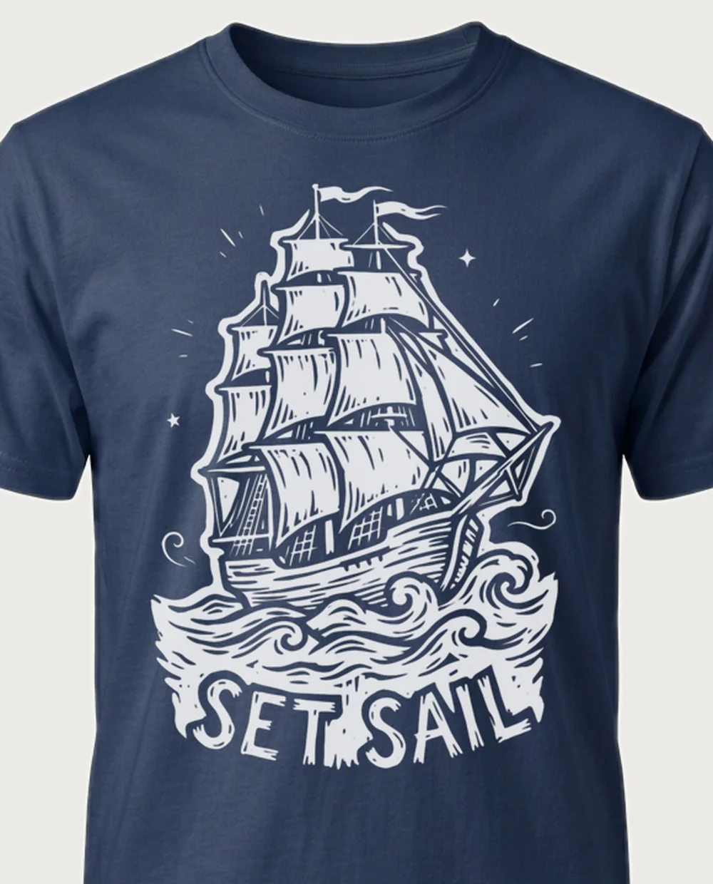 SET SAIL ship — Woodcut on a navy tee