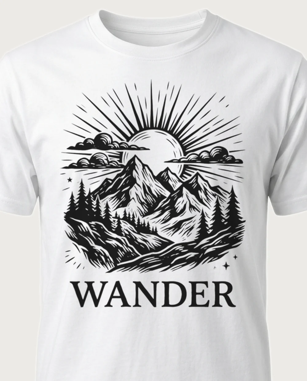 WANDER mountains — Woodcut on a white tee