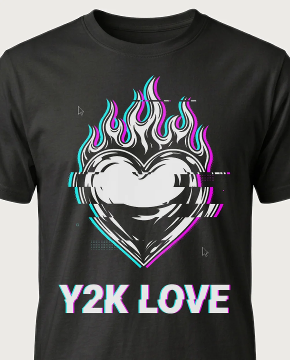Y2K LOVE flaming heart — Y2K Glitch on a black tee